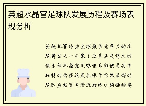 英超水晶宫足球队发展历程及赛场表现分析